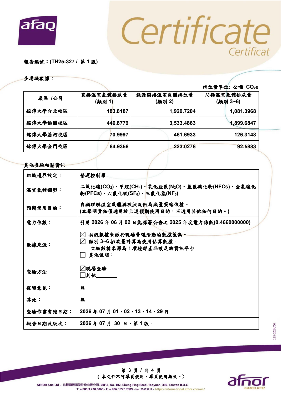 2025 年溫室氣體查驗意見書中文版第 3 頁