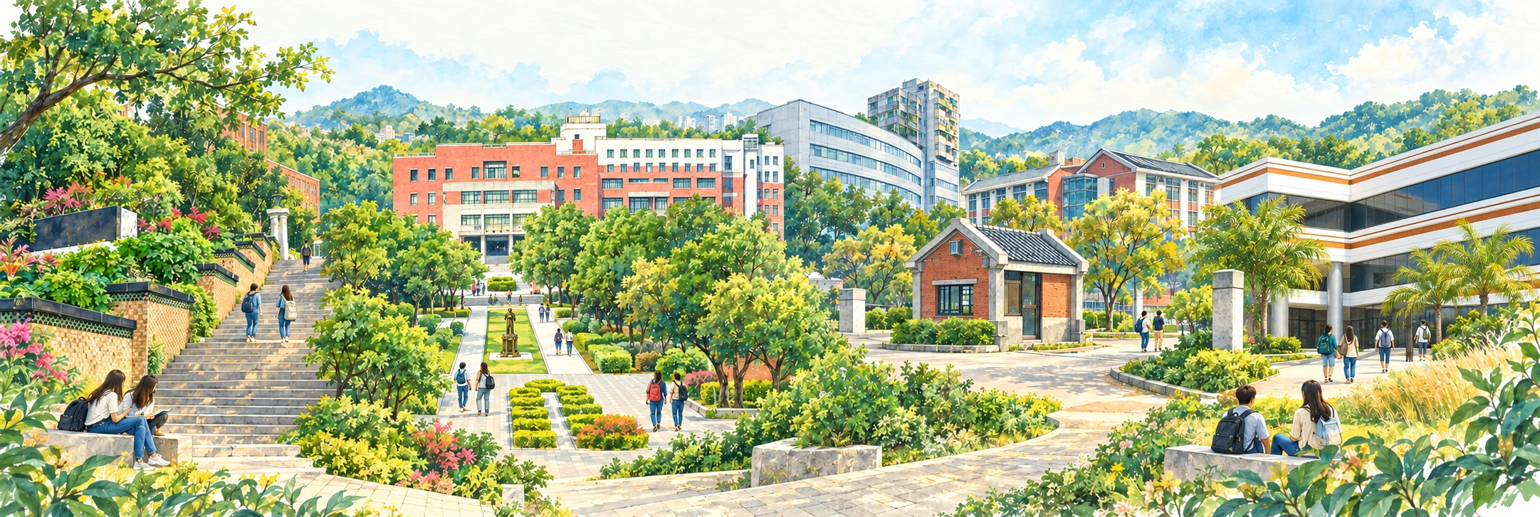 銘傳校園長卷插畫:臺北石階、桃園紅磚中庭、基河弧形建築、金門斜屋頂與長堤分部所在的白色橫帶建築,由綠蔭與學習交流場景串起。